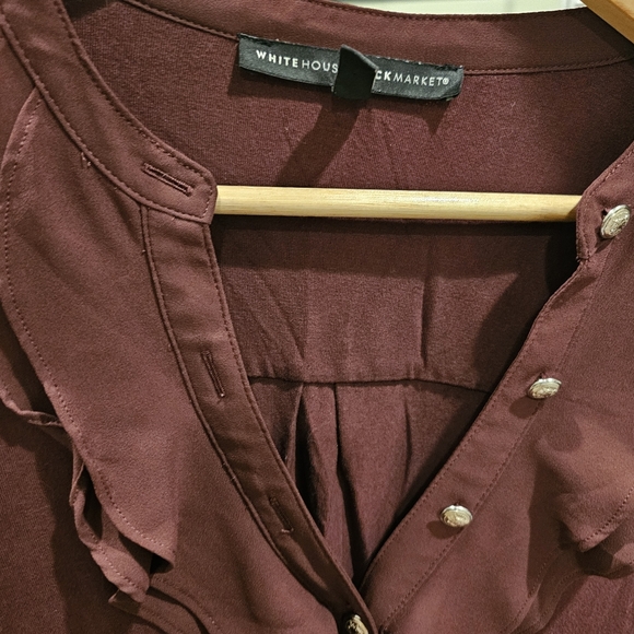 White House Black Market maroon long sleeve top with ruffle and button details - Picture 3 of 4